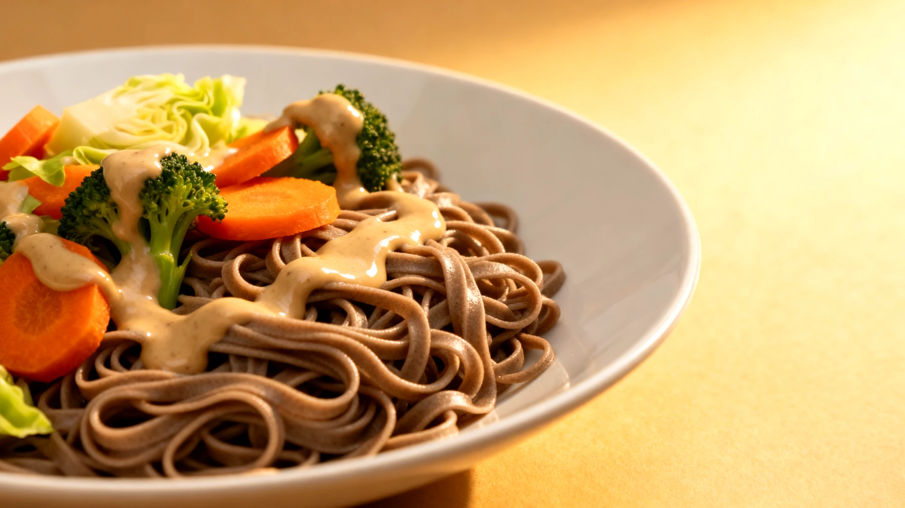 Buchweizen-Soba-Nudeln mit gedünstetem Gemüse und Tahini-Sauce"