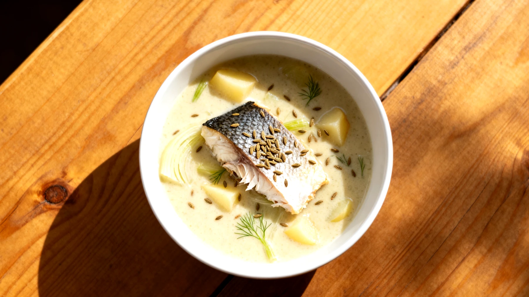 Fenchel-Kartoffel-Suppe mit Kümmel und gedünstetem Saibling"