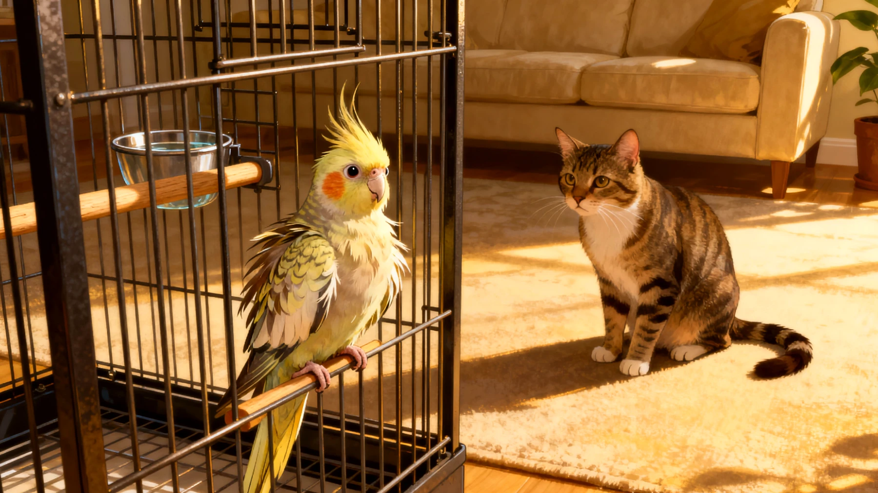 Nymphensittiche zeigen aggressives oder ängstliches Verhalten gegenüber anderen Haustieren im Haushalt, was zu Stress, Federpicken oder Rückzug führen kann"