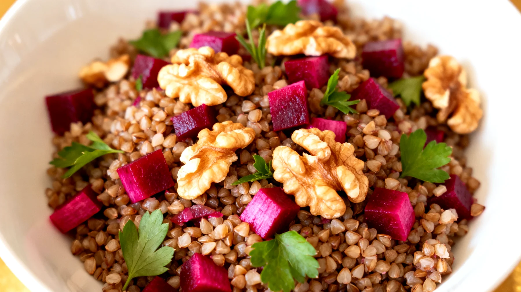 Buchweizen-Taboule mit fermentierten roten Rüben und Walnüssen"
