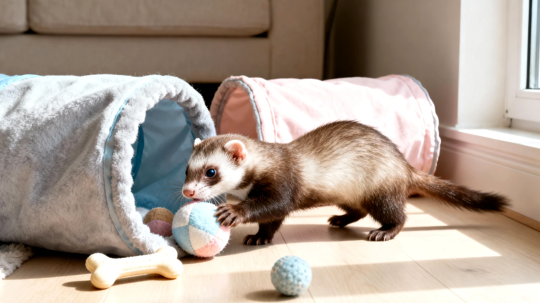 Junge Frettchen haben einen ausgeprägten Spiel- und Erkundungstrieb, benötigen aber altersgerechte Beschäftigungsideen, die ihre Entwicklung fördern, ohne sie zu überfordern oder Verletzungsrisiken durch zu anspruchsvolle Aktivitäten zu schaffen"