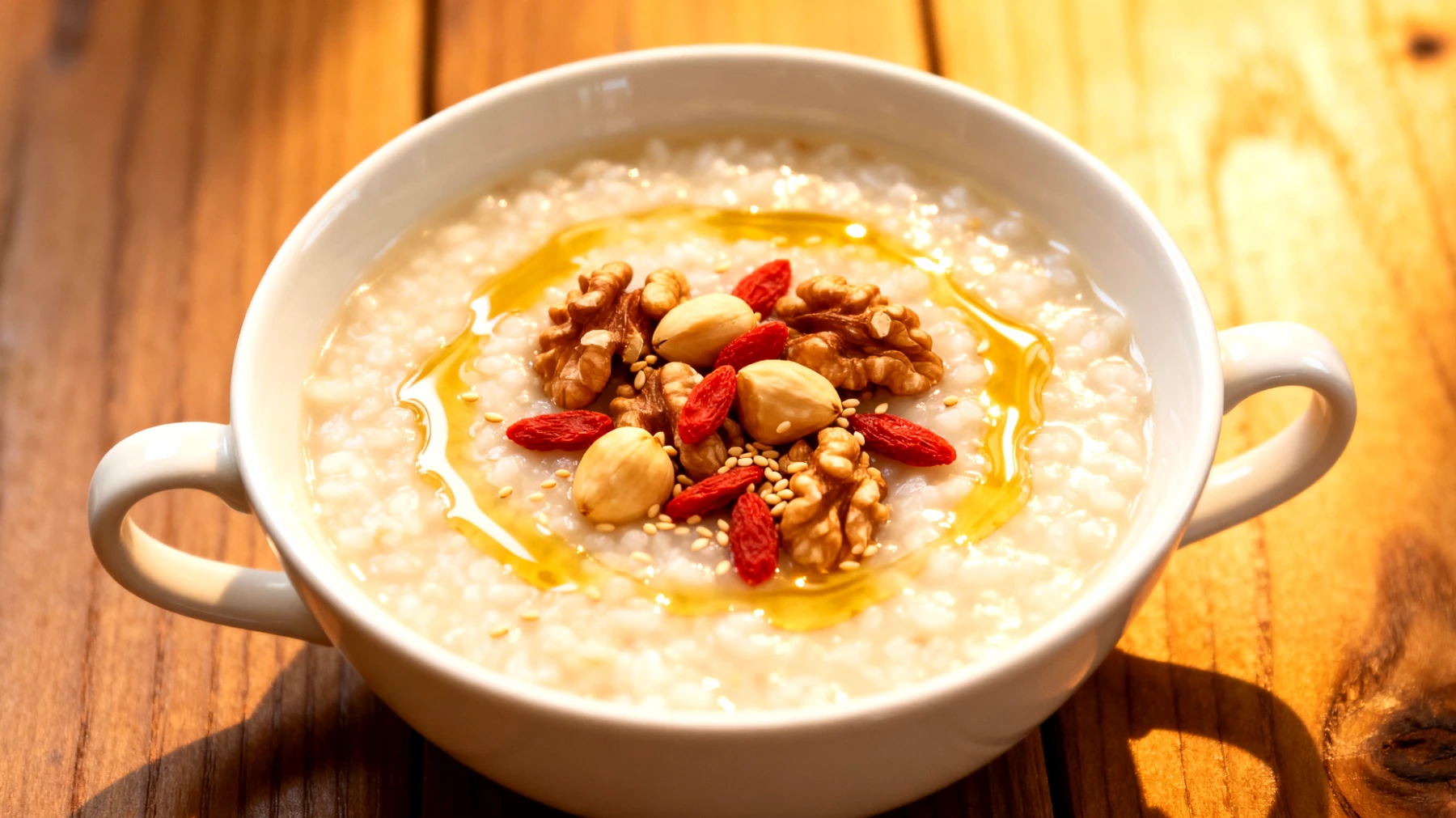 Ginkgo-Walnuss-Congee mit Goji-Beeren und Sesamöl"
