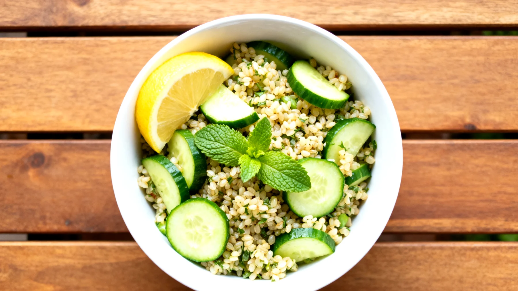 Hiobstränensalat mit Gurke, Minze und Zitrone"