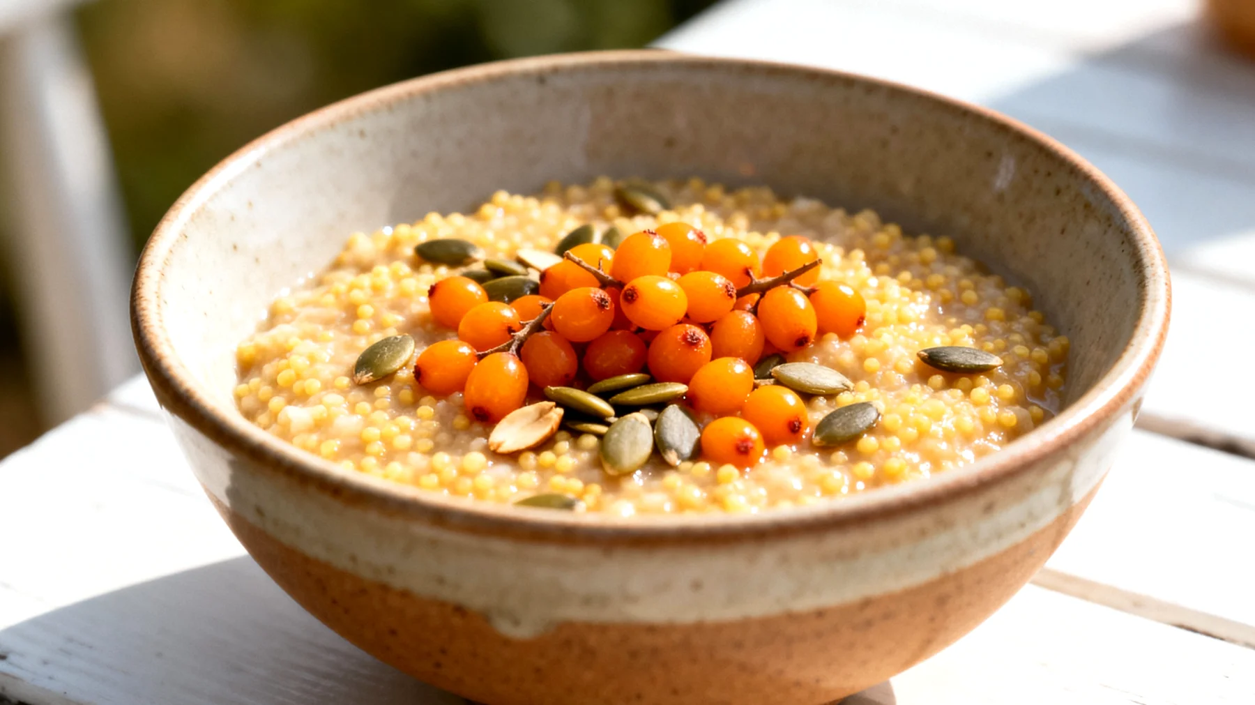Hirse-Porridge mit Sanddornbeeren und Kürbiskernen"
