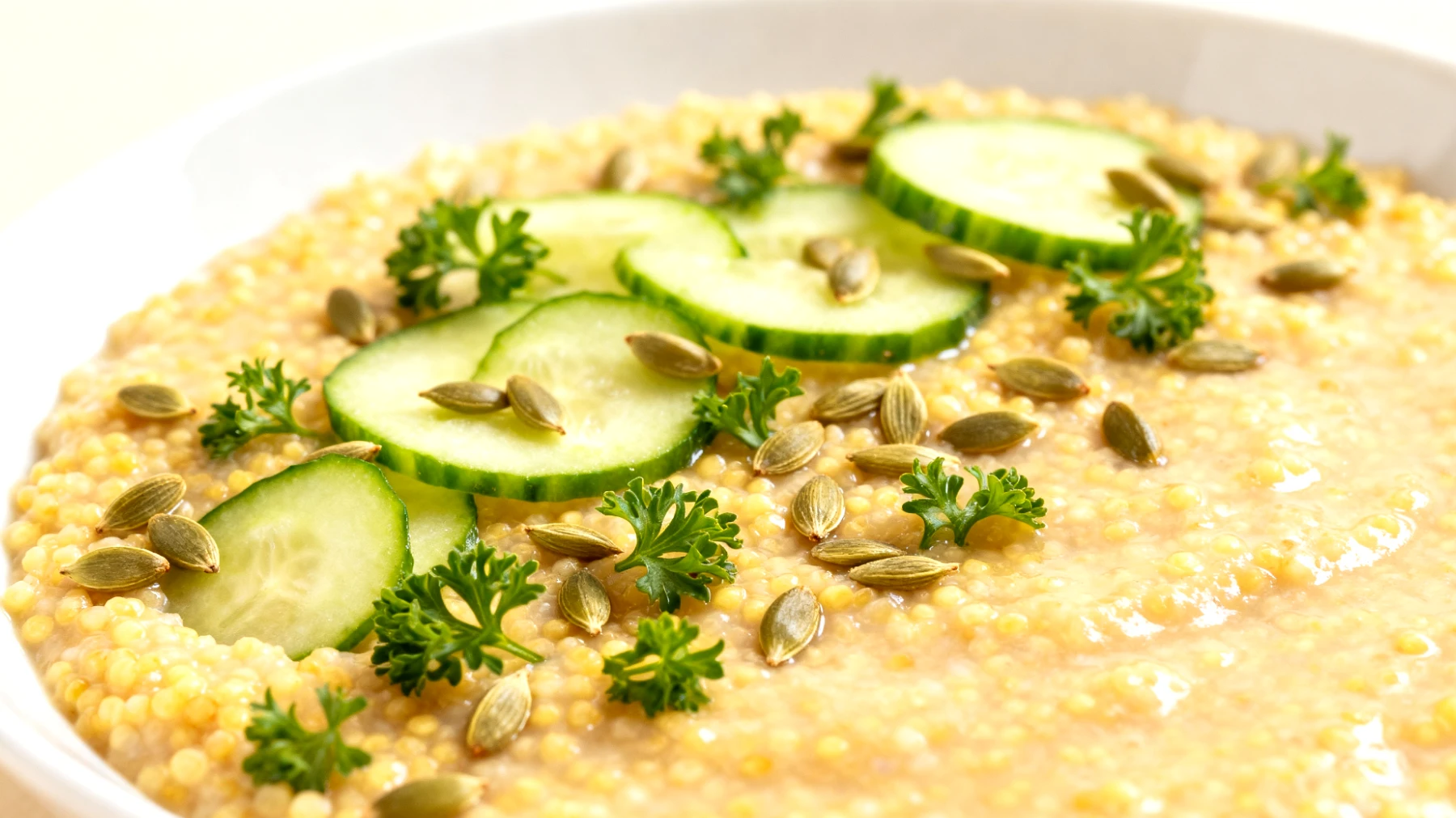 Hirsebrei mit Fenchelsamen, Gurke und Petersilie"