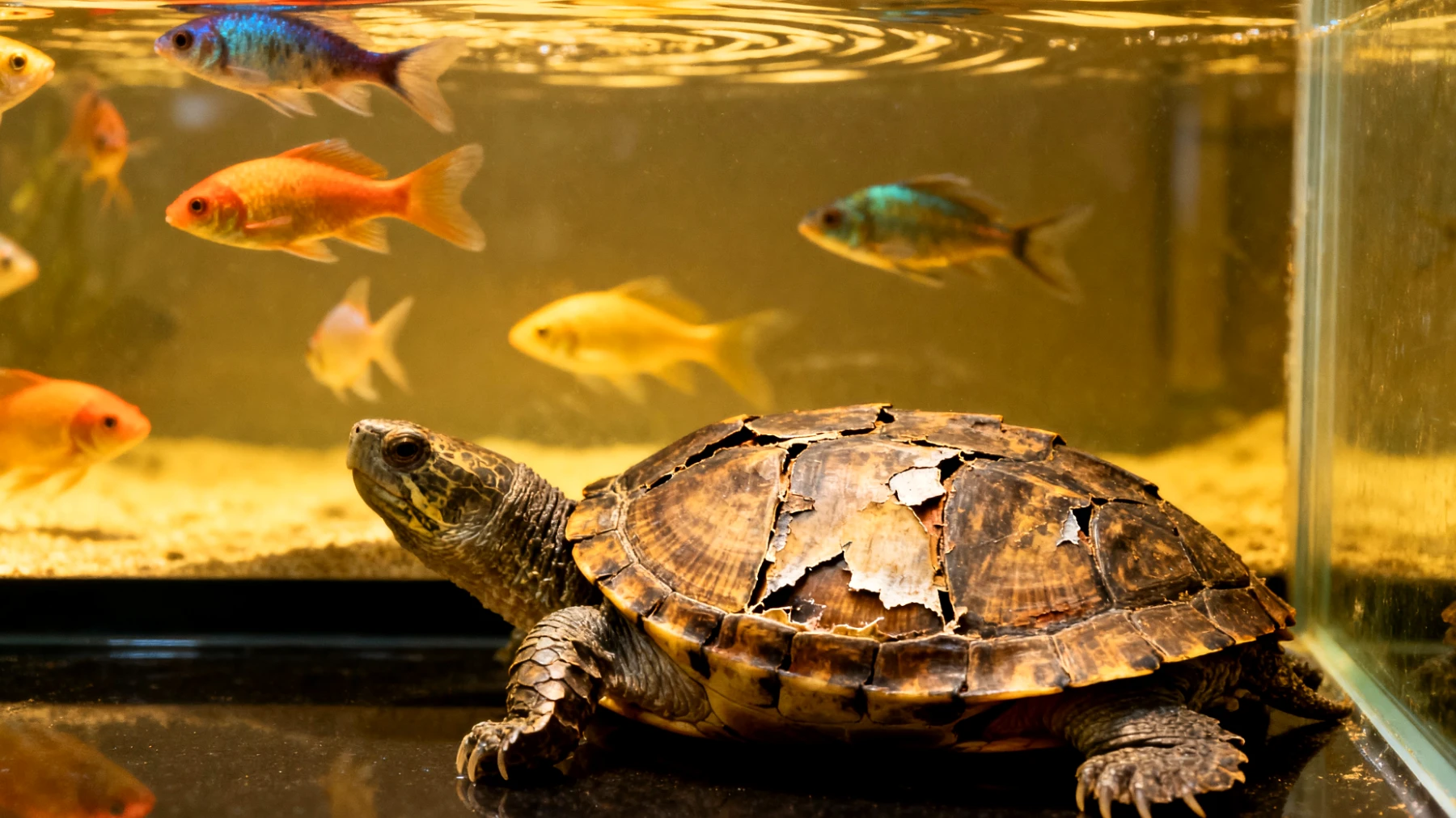 Schildkröten benötigen spezielle Pflegeprodukte für ihre Panzer- und Hautgesundheit, die beim Zusammenleben mit anderen Tieren wie Fischen in gemeinsamen Aquarien oder anderen Reptilien berücksichtigt werden müssen, um Konflikte und Verletzungen zu vermeiden"