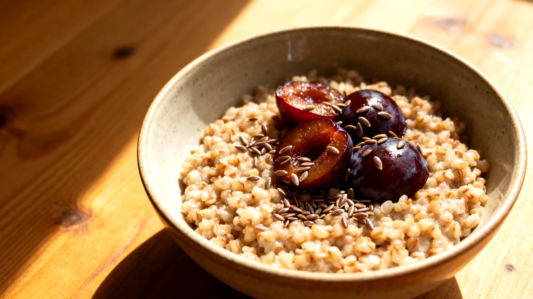 Vollkorn-Buchweizen-Porridge mit fermentierten Pflaumen und Leinsamen"