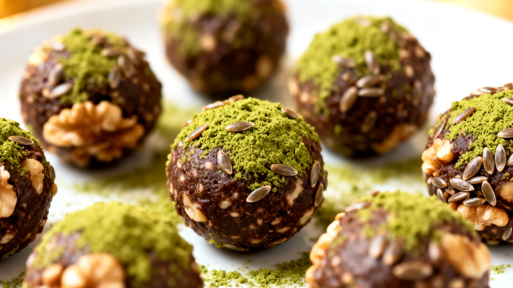 Walnuss-Kakao-Energiekugeln mit Matcha und Leinsamen"