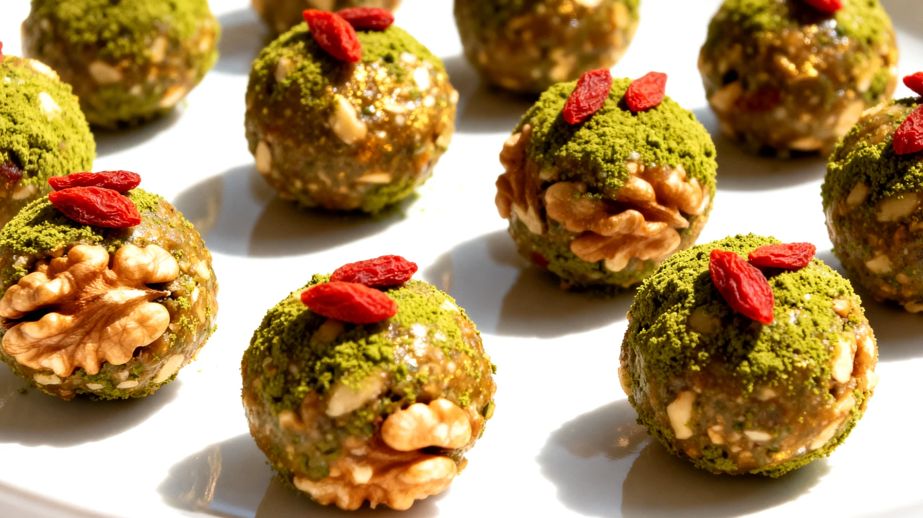 Walnuss-Matcha-Energiekugeln mit Goji-Beeren"